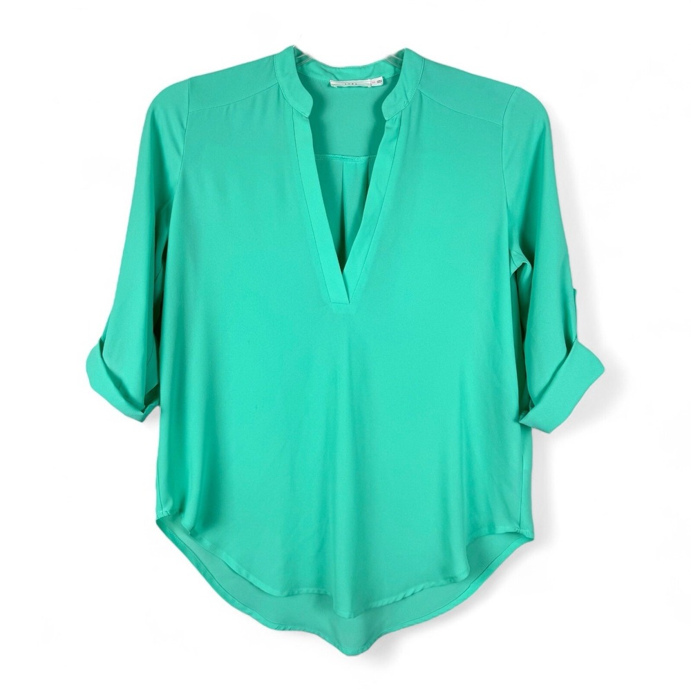 Lush V-Neck Top Blouse Aqua Blue Womens XS 3/4 Rolled Up Sleeves Banded Collar